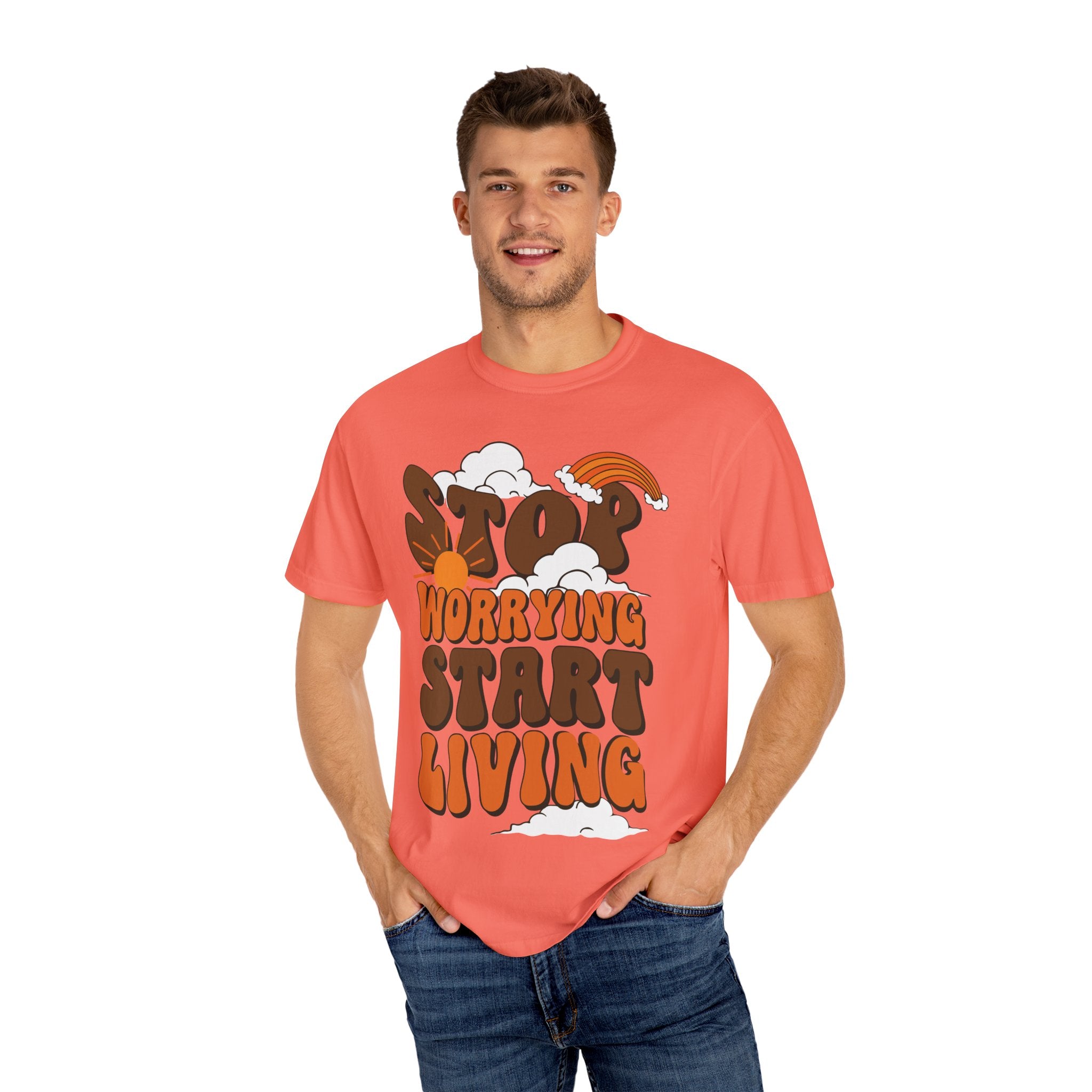 Cool Motivational Unisex T-Shirt, Stop Worrying Start Living Tee, Casual Wear, Gift for Friends, Positive Vibes Clothing