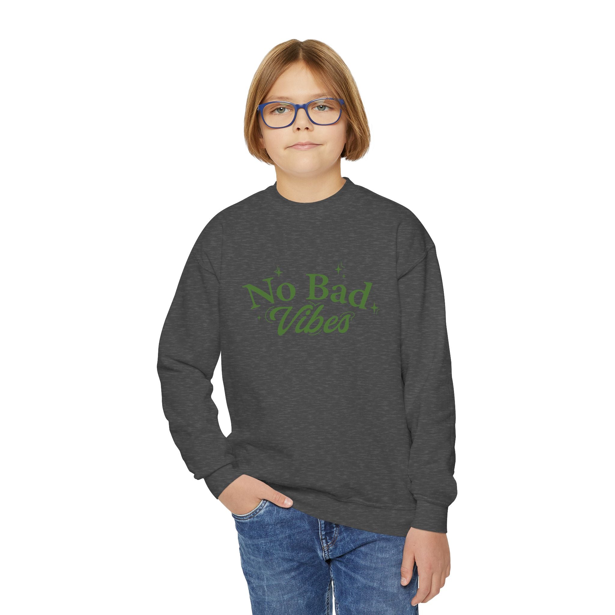 No Bad Vibes Youth Crewneck Sweatshirt - Chill Style, Trendy Gift, Perfect for Teens, Casual Wear, Birthday Present