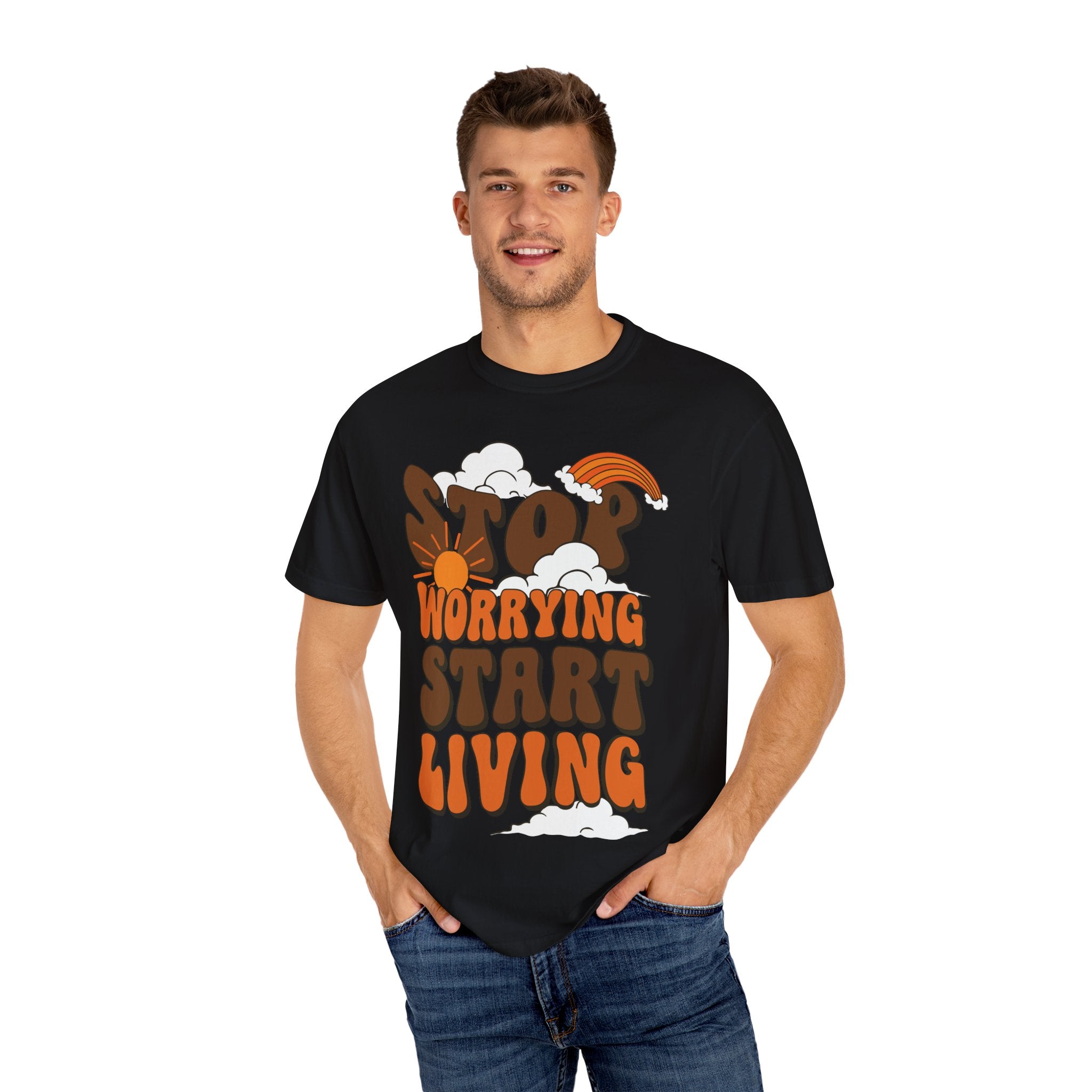 Cool Motivational Unisex T-Shirt, Stop Worrying Start Living Tee, Casual Wear, Gift for Friends, Positive Vibes Clothing