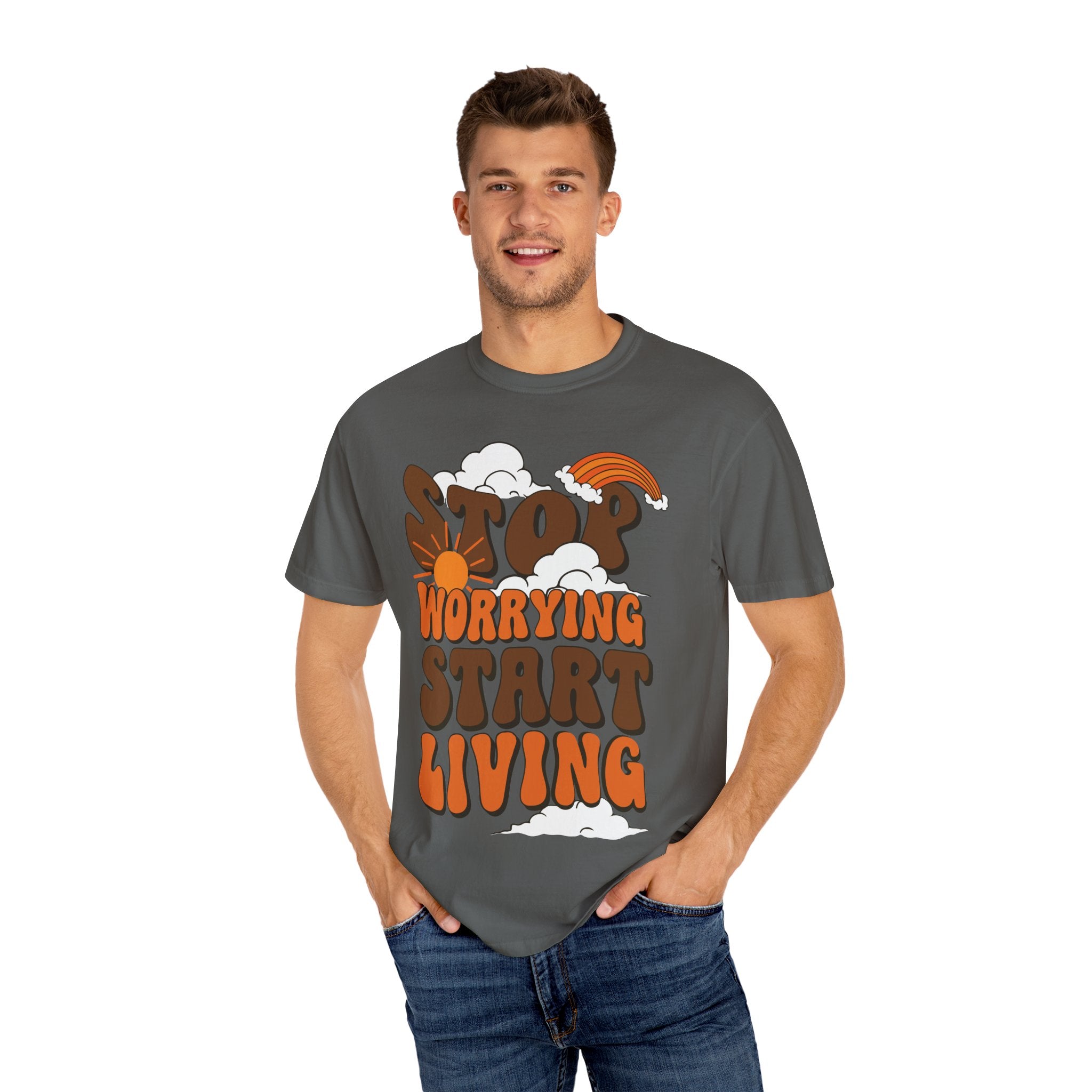 Cool Motivational Unisex T-Shirt, Stop Worrying Start Living Tee, Casual Wear, Gift for Friends, Positive Vibes Clothing