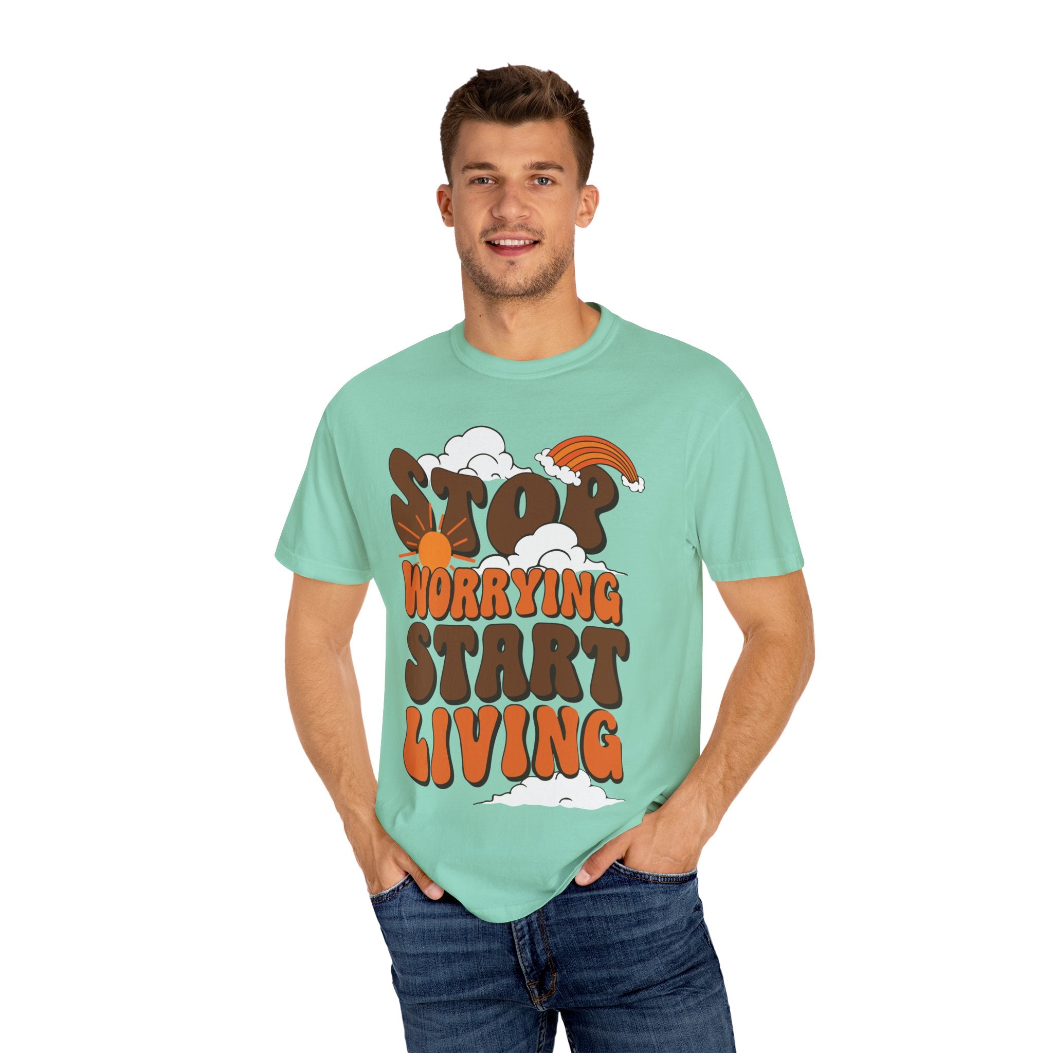 Cool Motivational Unisex T-Shirt, Stop Worrying Start Living Tee, Casual Wear, Gift for Friends, Positive Vibes Clothing
