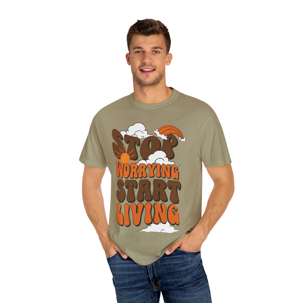 Cool Motivational Unisex T-Shirt, Stop Worrying Start Living Tee, Casual Wear, Gift for Friends, Positive Vibes Clothing